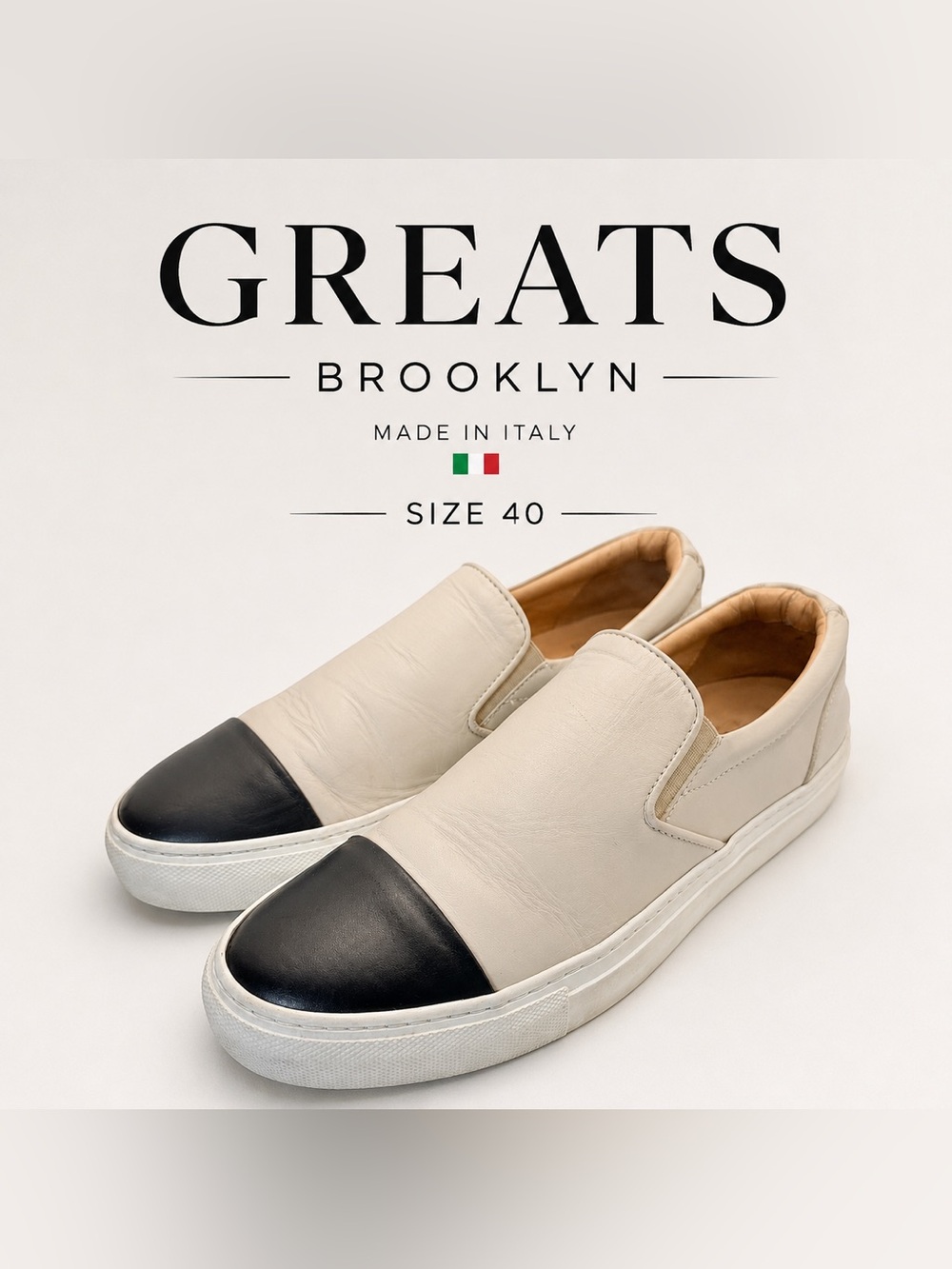 GREATS Brooklyn Made in Italy Leather Slip-On Sneakers Cream & Black Size 40